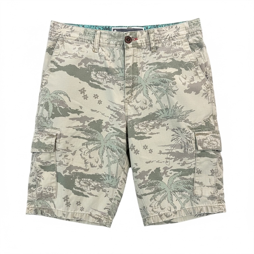 MODERN AMUSEMENT Men’s Tropical Hawaiian Print Tan Green Shorts sz 31 9” inseam